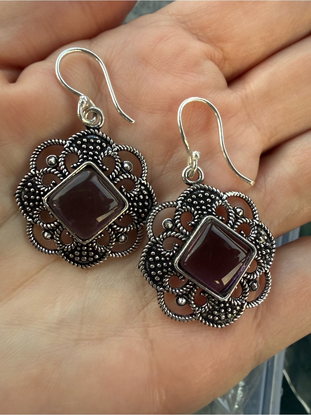 Sterling Silver Amethyst Filigree Earrings with Deep Purple